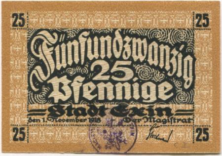 Exin (heute: PL-Kcynia) - Stadt - 1.11.1918 - 1.4.1921 - 25 Pfennig 