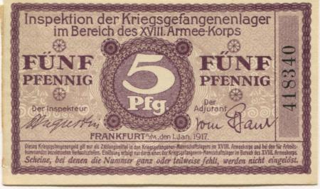 Frankfurt - Inspektion der Kriegsgefangenenlager im Bereich des XVIII.Armeekorps - 1.1.1916 - 5 Pfennig 