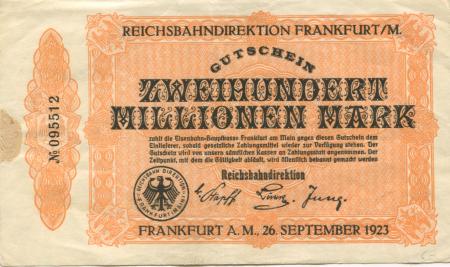Frankfurt - Reichsbahndirektion, Hohenzollernplatz 35 - 26.9.1923 - 200 Millionen Mark 