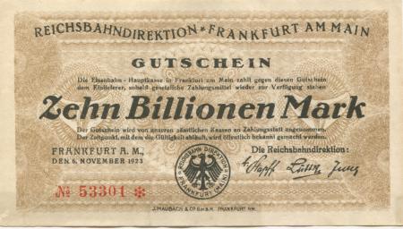 Frankfurt - Reichsbahndirektion, Hohenzollernplatz 35 - 6.11.1923 - 10 Billionen Mark 
