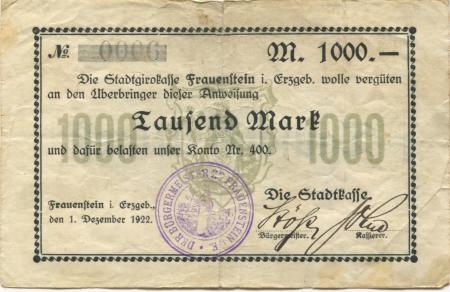 Frauenstein - Stadt - 1.12.1922 - 1000 Mark 