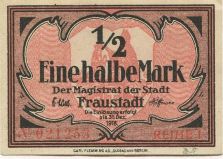 Fraustadt (heute: PL-Wschowa) - Stadt - - 31.12.1918 - 1/2 Mark 