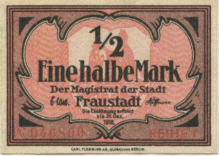 Fraustadt (heute: PL-Wschowa) - Stadt - - 31.12.1918 - 1/2 Mark 