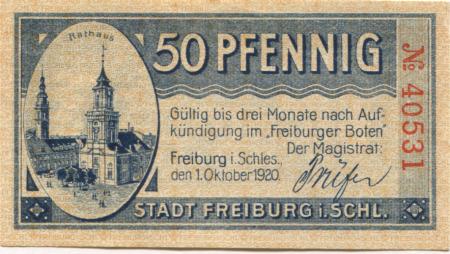 Freiburg (heute: PL-Swiebodzice) - Stadt - 1.10.1920 - 50 Pfennig 