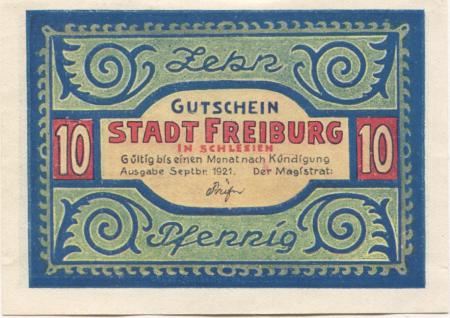 Freiburg (heute: PL-Swiebodzice) - Stadt - September 1921 - 10 Pfennig 
