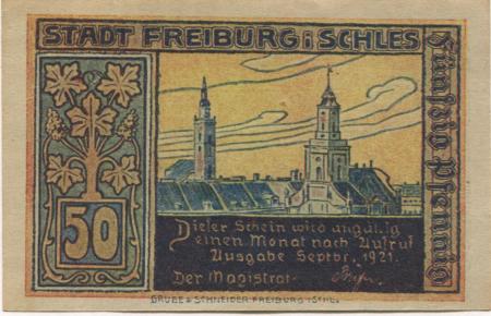 Freiburg (heute: PL-Swiebodzice) - Stadt - September 1921 - 50 Pfennig 