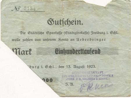 Freiburg (heute: PL-Swiebodzice) -AG für Schlesische Leinen-Industrie, vormals Kramsta & Söhne - 13.8.1923 - 100000 Mark 