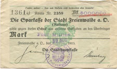 Freienwalde - Stadt - 30.8.1923 - 5 Millionen Mark 