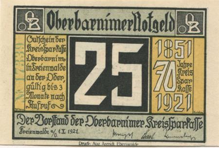 Freienwalde - Kreissparkasse Oberbarnim - 1.10.1921 - 25 Pfennig 