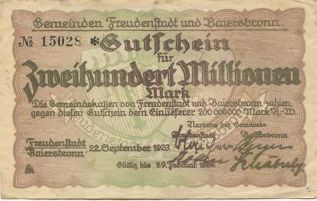 Freudenstadt und Baiersbronn - Gemeinden - 22.9.1923 - 29.2.1924 - 200 Millionen Mark 