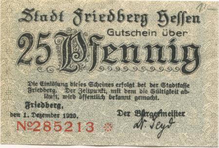 Friedberg - Stadt - 1.12.1920 - 25 Pfennig 