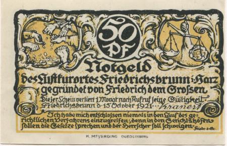 Friedrichsbrunn (heute: Thale) - Gemeinde - 15.10.1921 - 50 Pfennig 