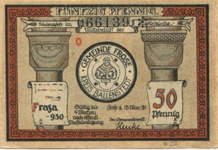 Frose (heute: Seeland) - Gemeinde - 15.3.1921 - 50 Pfennig 
