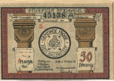 Frose (heute: Seeland) - Gemeinde - 15.3.1921 - 50 Pfennig 