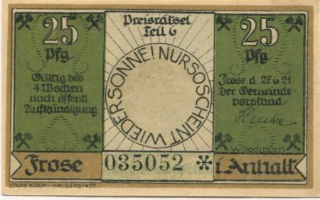 Frose (heute: Seeland) - Gemeinde - 27.6.1921 - 25 Pfennig 