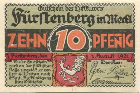 Fürstenberg - Stadt - 1.8.1921 - 10 Pfennig 