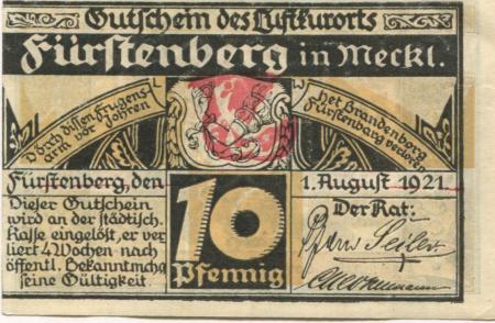 Fürstenberg - Stadt - 1.8.1921 - 10 Pfennig 