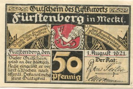 Fürstenberg - Stadt - 1.8.1921 - 50 Pfennig 