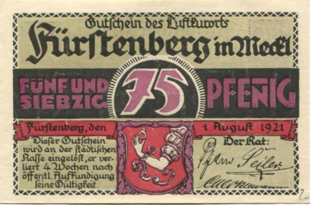 Fürstenberg - Stadt - 1.8.1921 - 75 Pfennig 