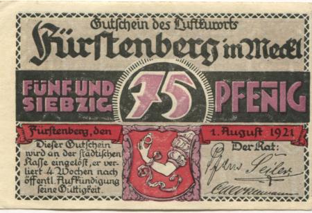 Fürstenberg - Stadt - 1.8.1921 - 75 Pfennig 