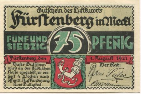 Fürstenberg - Stadt - 1.8.1921 - 75 Pfennig 