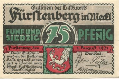 Fürstenberg - Stadt - 1.8.1921 - 75 Pfennig 