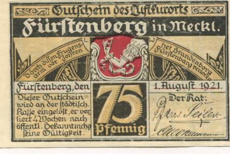 Fürstenberg - Stadt - 1.8.1921 - 75 Pfennig 