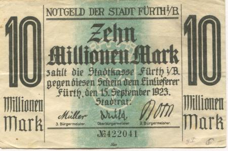 Fürth - Stadt - 15.9.1923 - 10 Millionen Mark 