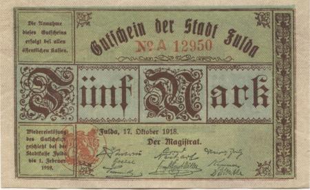 Fulda - Stadt - 17.10.1918 - 1.2.1919 - 5 Mark 