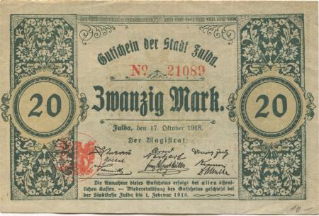 Fulda - Stadt - 17.10.1918 - 1.2.1919 - 20 Mark 