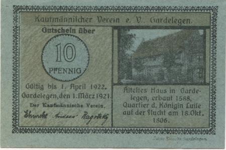 Gardelegen - Kaufmännischer Verein eV - 1.3.1921 - 1.4.1922 - 10 Pfennig 