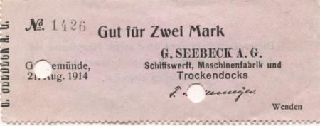 Geestemünde (heute: Bremerhaven) - Seebeck, Gustav, AG, Schiffswerft, Maschenfabrik und Trockendocks, Neue Werft - 21.8.1914 - 2 Mark 