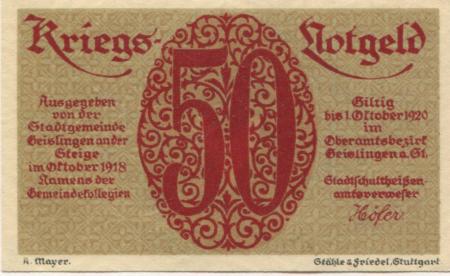 Geislingen - Stadt - Oktober 1918 - 1.10.1920 - 50 Pfennig 