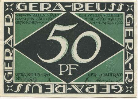 Gera - Stadt - 1.5.1921 - 50 Pfennig 
