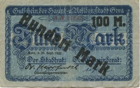 Gera - Stadt - 25.9.1922 - 8.11.1922 - 100 Mark 