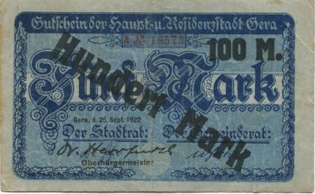 Gera - Stadt - 25.9.1922 - 8.11.1922 - 100 Mark 