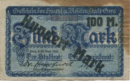 Gera - Stadt - 25.9.1922 - 8.11.1922 - 100 Mark 