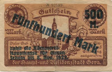 Gera - Stadt - 25.9.1922 - 8.11.1922 - 500 Mark 