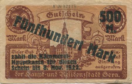 Gera - Stadt - 25.9.1922 - 8.11.1922 - 500 Mark 