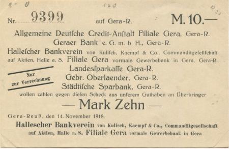 Gera - Allgemeine Deutsche Credit-Anstalt, Filiale Gera - 14.11.1918 - 10 Mark 