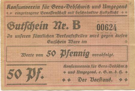 Gera-Debschwitz - Konsumverein für Gera-Debschwitz und Umgegend eGmbH - -- - 50 Pfennig 