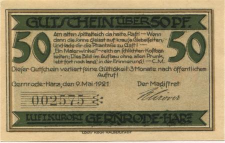 Gernrode (heute: Quedlinburg) - Stadt - 9.5.1921 - 50 Pfennig 