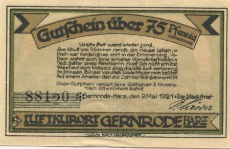 Gernrode (heute: Quedlinburg) - Stadt - 9.5.1921 - 75 Pfennig 