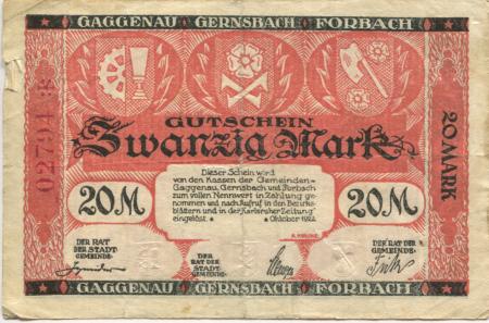 Gernsbach - Stadt - Oktober 1922 - 20 Mark 