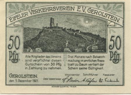 Gerolstein - Eifeler Verkehrsverein eV - 5.12.1921 - 50 Pfennig 