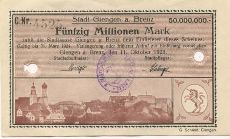Giengen - Stadt - 11.10.1923 - 31.3.1924 - 50 Millionen Mark 