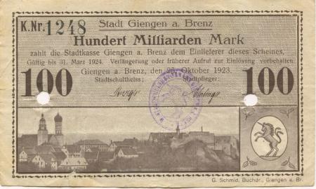 Giengen - Stadt - 25.10.1923 - 31.3.1924 - 100 Milliarden Mark 