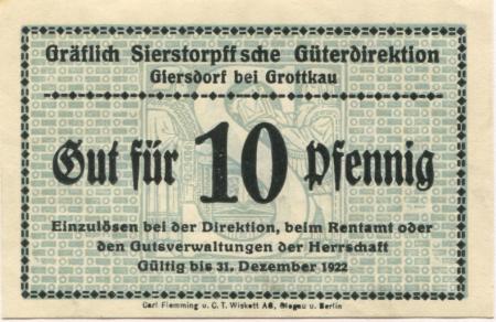 Giersdorf (heute: PL-Galazczyce) - Gräflich von Sierstorpffsche Güterdirektion - - 31.12.1922 - 10 Pfennig 