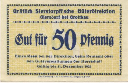 Giersdorf (heute: PL-Galazczyce) - Gräflich von Sierstorpffsche Güterdirektion - - 31.12.1922 - 50 Pfennig 