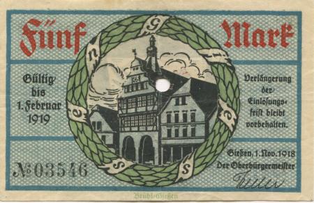 Gießen - Stadt - 1.11.1918 - 1.2.1919 - 5 Mark 